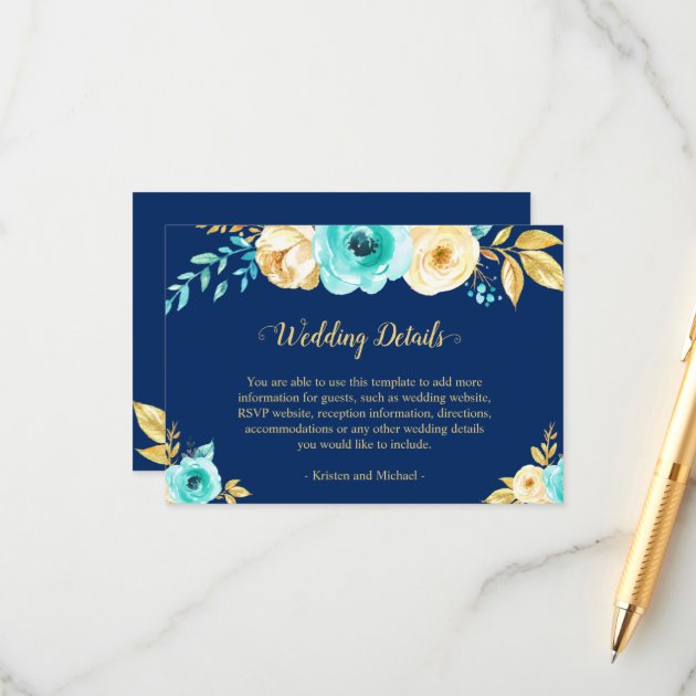 Navy Blue Gold Floral Wedding Details Reception Enclosure Card