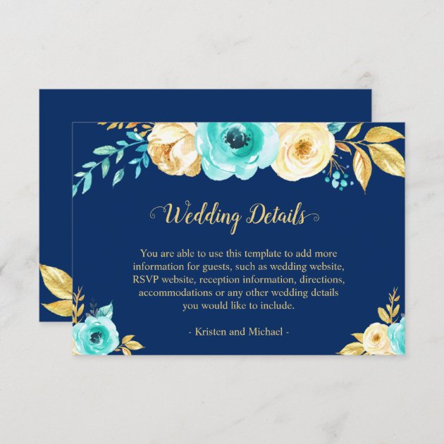Navy Blue Gold Floral Wedding Details Reception Enclosure Card