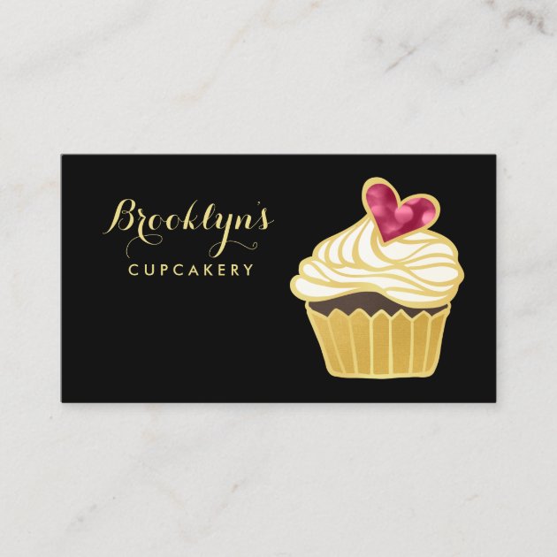Elegant FAUX Gold Cupcakery and Pink Bokeh Heart Business Card