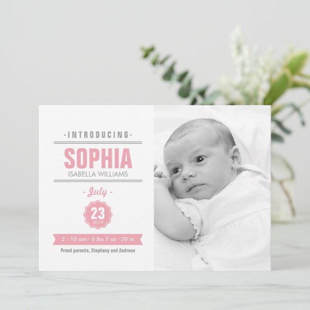 Modern News Pink Baby Birth Photo Announcement