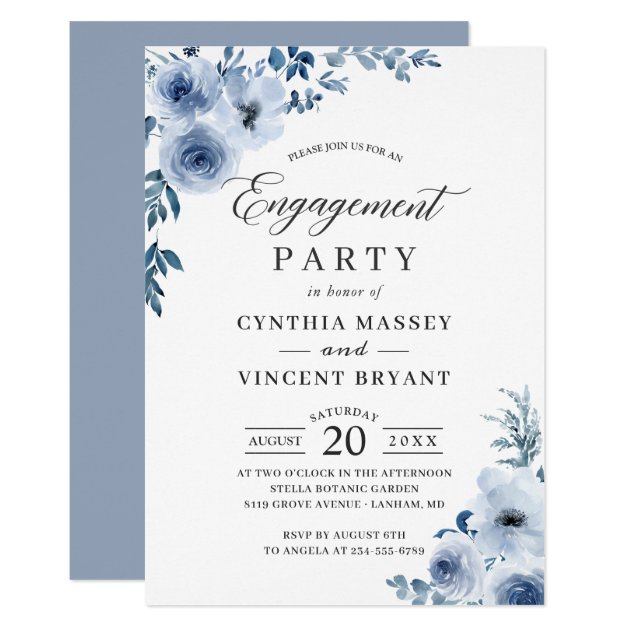Dusty Blue Bohemian Floral Engagement Party Invitation