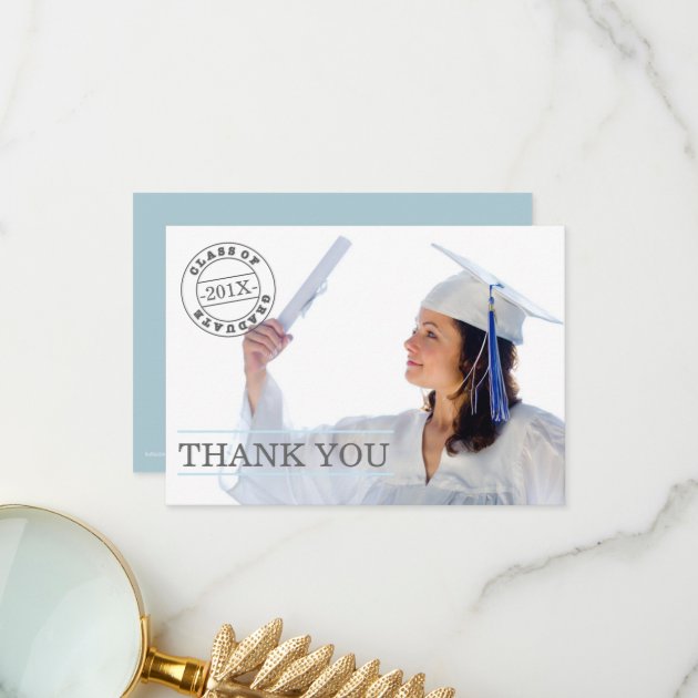 Modern Stamp Photo Graduation Thank You | Blue