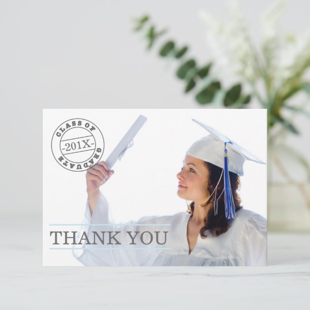 Modern Stamp Photo Graduation Thank You | Blue