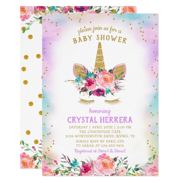 Pink & Gold Unicorn Beautiful Floral Baby Shower Card