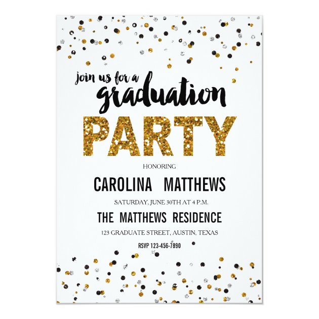 Gold Glitter Polka Dot Graduation Party Invitation
