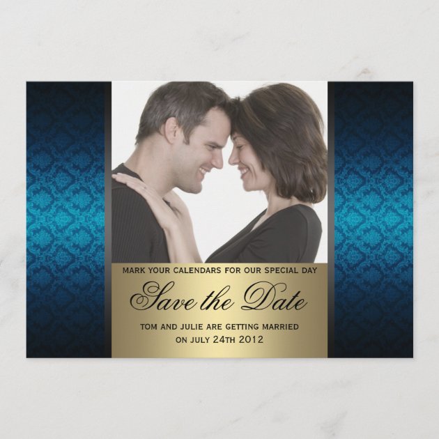 Blue and Gold Damaks Save the Date Photo