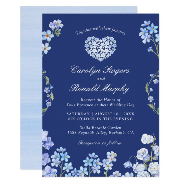 Forget Me Nots Heart Royal Blue Floral Wedding Card