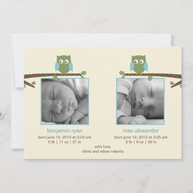 Twin Owls (Twin Boys) Birth Announcements