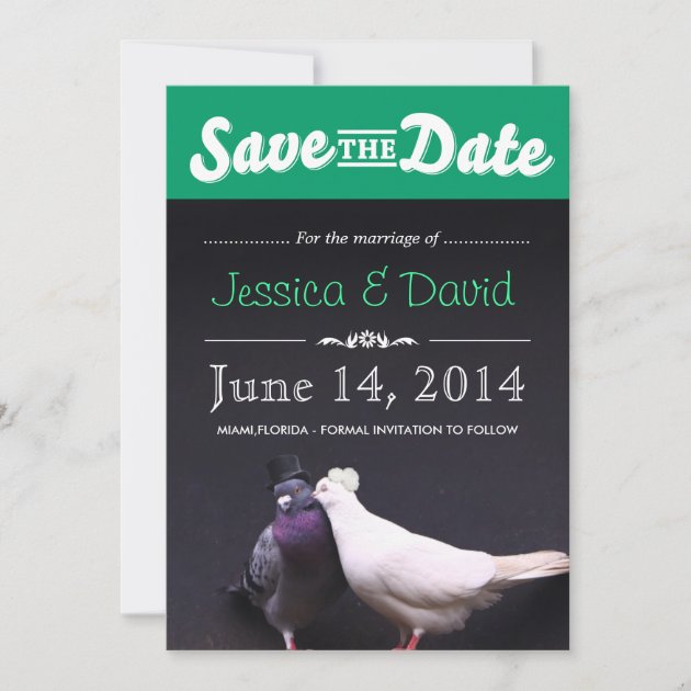 Green Bride & Groom Pigeons Save the Date Cards