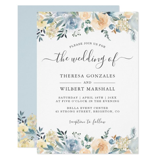 Bohemian Vanilla Blue Floral Spring Wedding Invitation