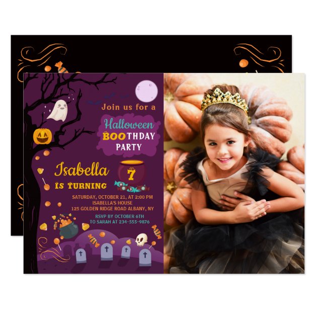 Purple Girls Halloween Birthday Party Photo Invitation