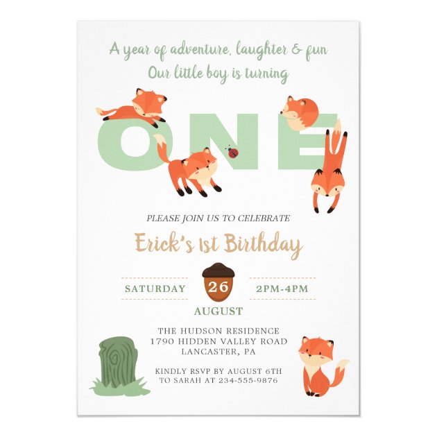 Woodland Forest Fox First Birthday Invitation
