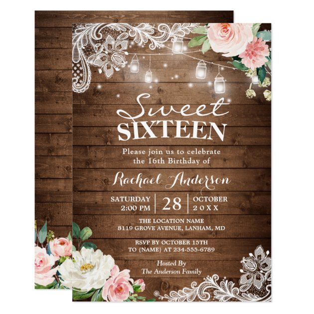 Floral Lace Mason Jar Lights Sweet 16 Birthday Invitation