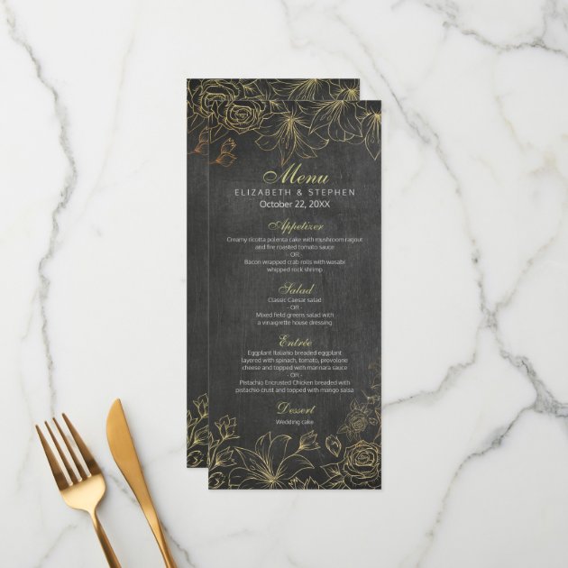 Elegant Black Gold Chalkboard Floral Wedding Menu