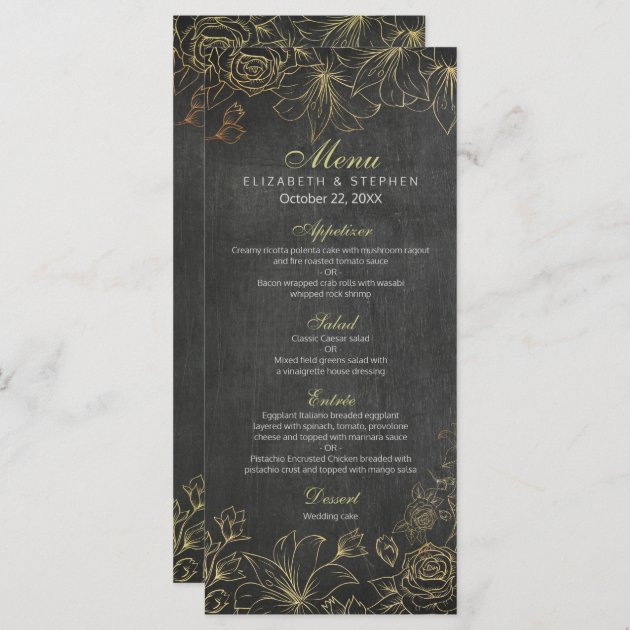 Elegant Black Gold Chalkboard Floral Wedding Menu
