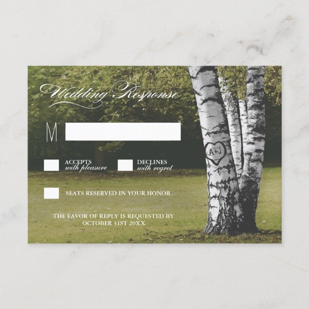 Rustic Carved Heart Birch Tree Wedding RSVP Cards
