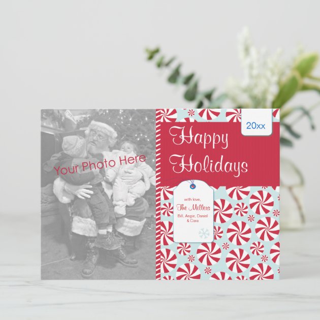 Peppermint Candy Red And Blue Holiday Photo Card