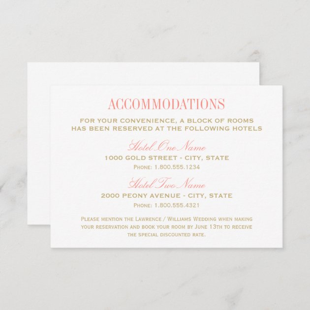 Wedding Accommodation Card | Coral And Gold