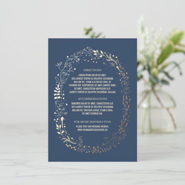 Gold And Navy Floral Wreath Wedding Details Enclosure Card