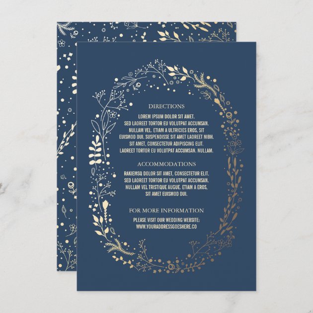 Gold And Navy Floral Wreath Wedding Details Enclosure Card