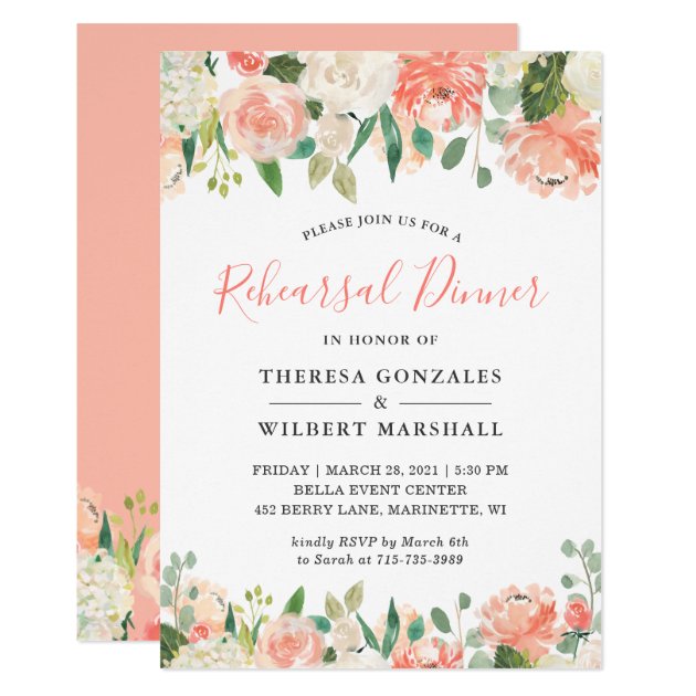 Trendy Peach Coral Peony Floral Rehearsal Dinner Invitation
