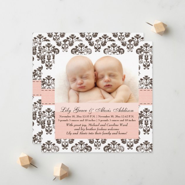Twins Damask Baby Announcement Pink And Brown