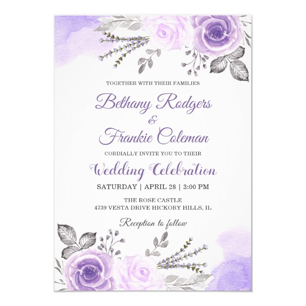Chic Pastel Purple Floral Watercolor Wedding Invitation