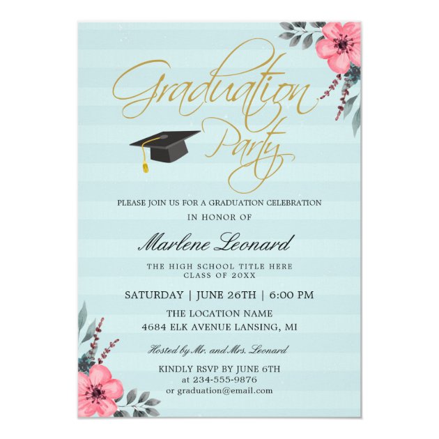 Teal Blue Pink Floral Gold Script Photo Graduation Card