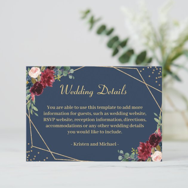Burgundy Blush Navy Blue Floral Wedding Details Enclosure Card