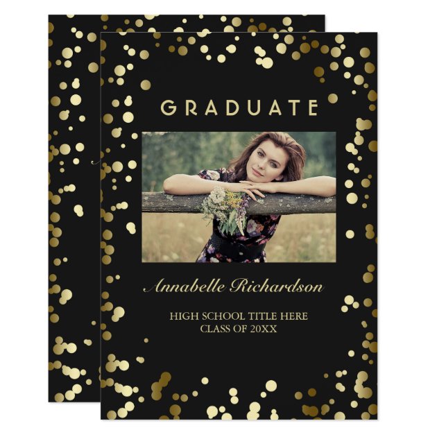 Gold Confetti Dots Black Elegant Photo Graduation Card