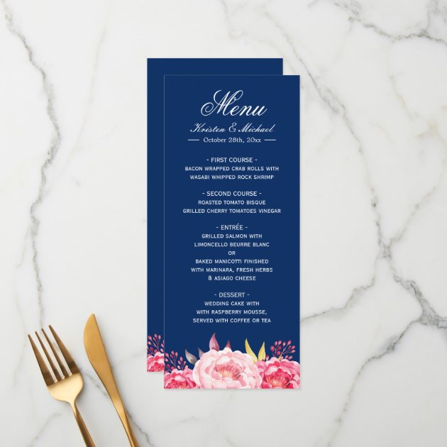Simple Elegant Navy Blue Pink Floral Wedding Menu