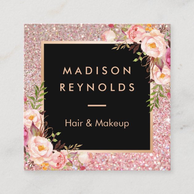 Rose Gold Glitters Pink Floral Beauty Salon Square Business Card (front side)