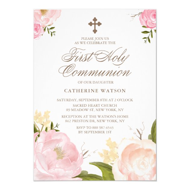 Watercolor Pink Peonies First Holy Communion Invitation