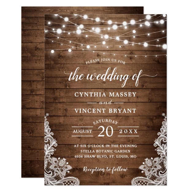 Rustic Wood Twinkle String Lights Lace Wedding Invitation