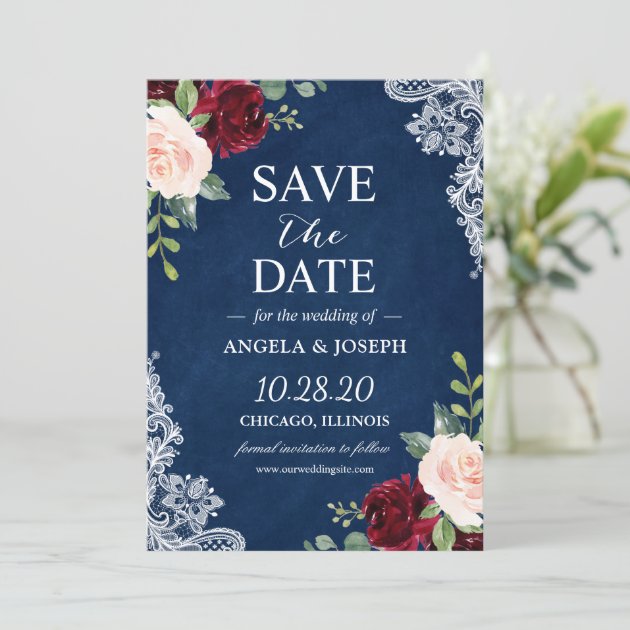Blush Burgundy Floral Navy Blue Lace Wedding Save The Date