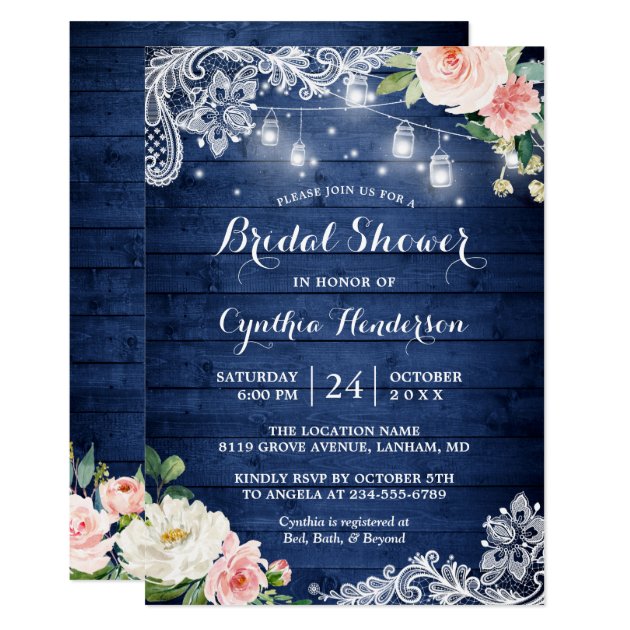Classic Blue Mason Jar Lights Floral Bridal Shower Invitation