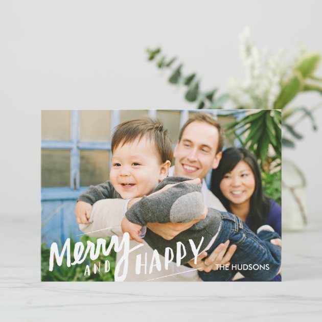 Hand-lettered Merry Happy Holiday Photo Card White
