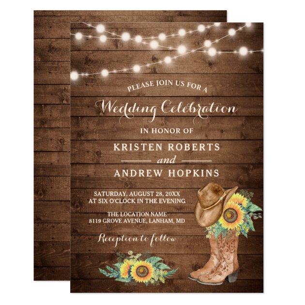 Sunflowers Boots String Lights Western Wedding Invitation