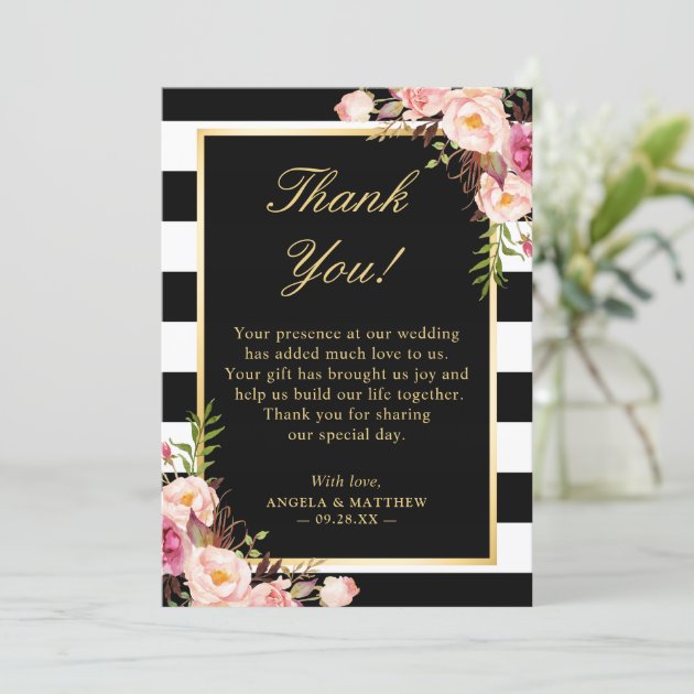 Blush Pink Floral Black White Stripes Wedding Thank You Card (front side)