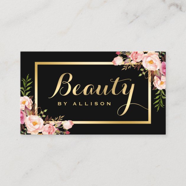 Beauty Script Makeup Salon Black Gold Floral Business Card (front side)