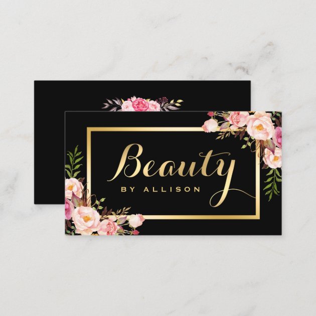 Beauty Script Makeup Salon Black Gold Floral Business Card (back side)