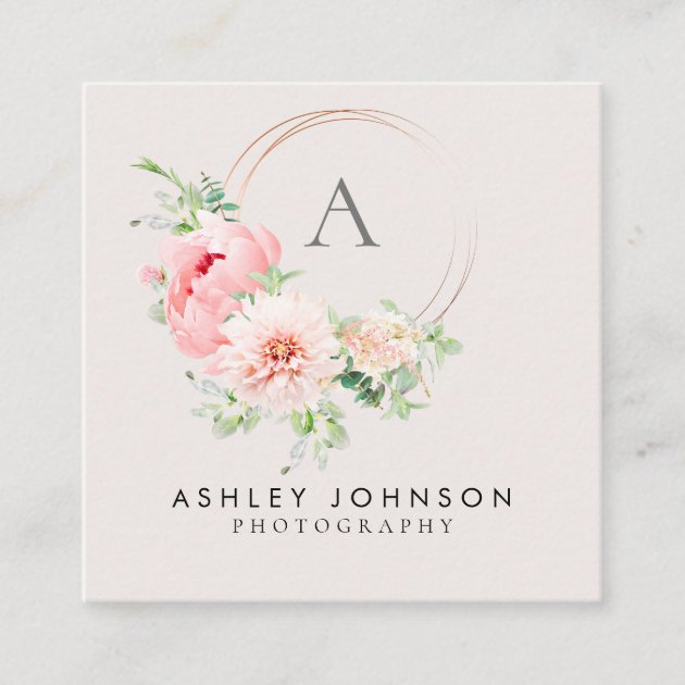 Copper Monogram Watercolor Pink Floral Square Square Business Card (front side)