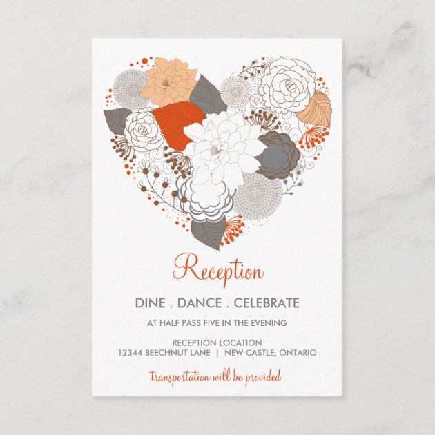 Orange Gray Heart Flowers Wedding Reception Card