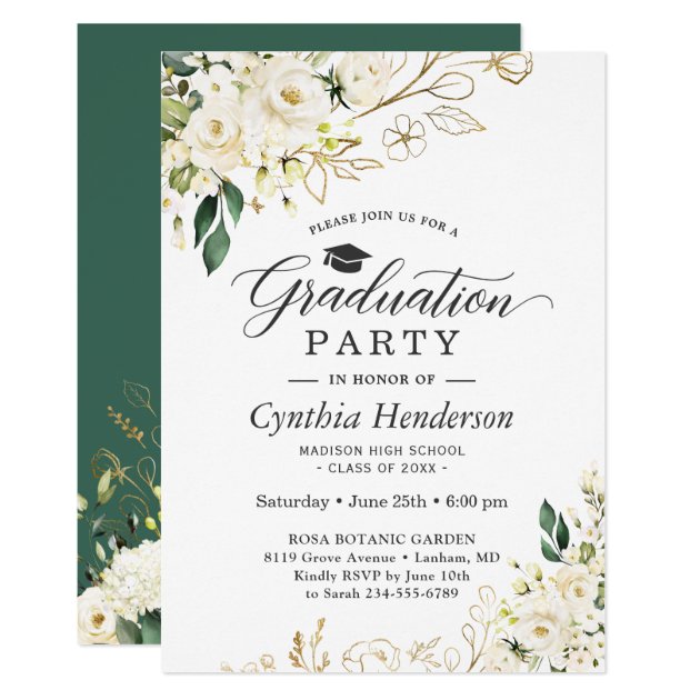 Greenery White Rose Floral Graduation Party Invitation