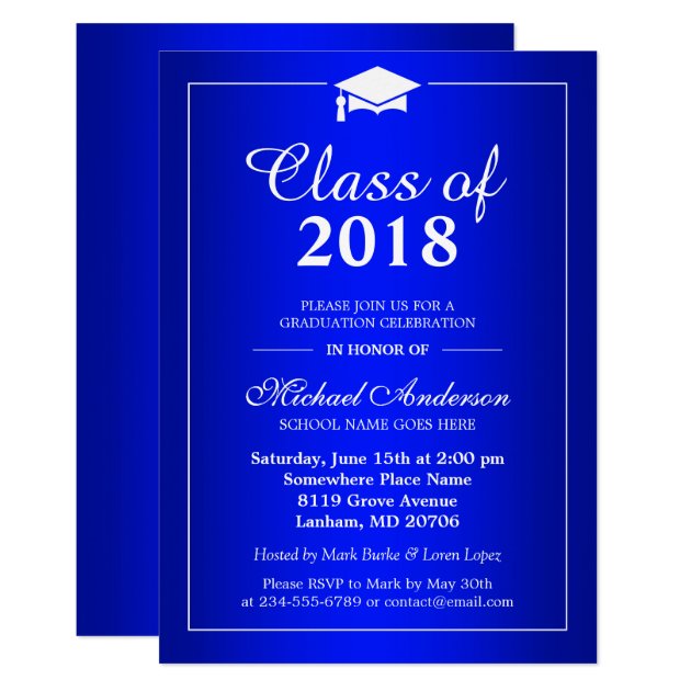 Plain Royal Blue Class Of 2018 Graduation Party Invitation