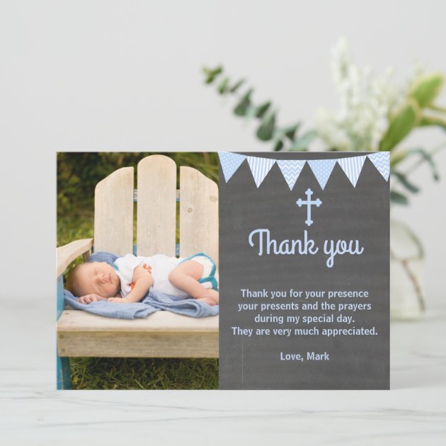 Baptism Thank You Note Photo Card Blue Chalkboard