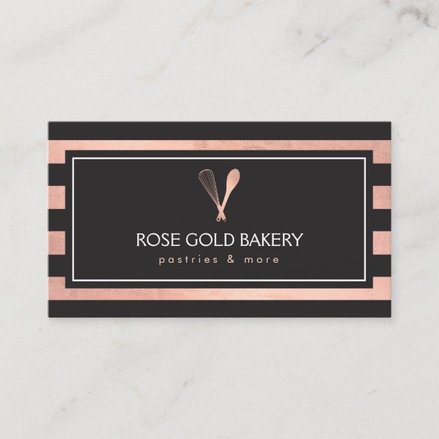 Luxe Striped Rose Gold Whisk Spoon Logo Bakery II Business Card