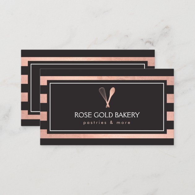 Luxe Striped Rose Gold Whisk Spoon Logo Bakery II Business Card (back side)