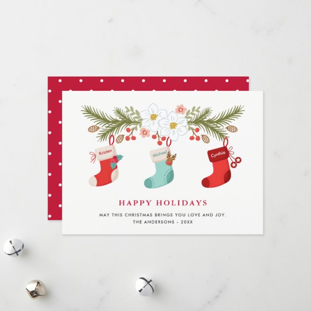 Happy Holidays Christmas Stockings 3 Family Names Holiday Card