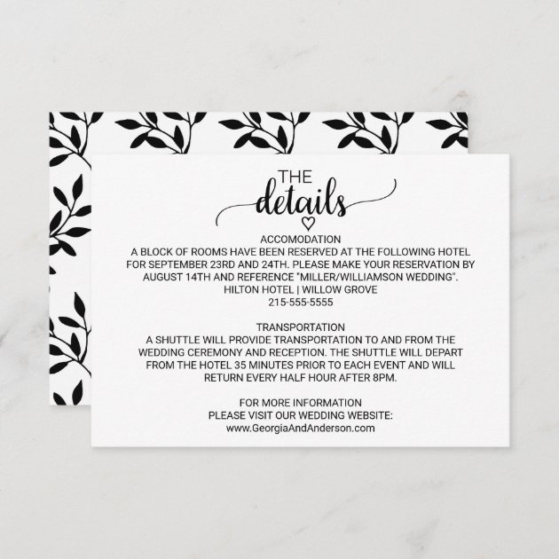 Simple Black And White Calligraphy Wedding Details Enclosure Card